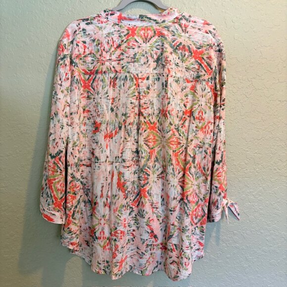 Allison Daley Womens VNeck Blouse 2XL Tie Front Cuffs 3/4 Sleeve IKAT Peach NWT - Picture 3 of 10